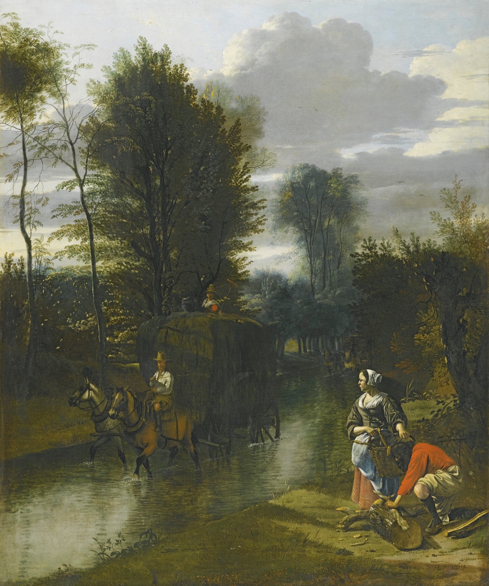 A wooded river landscape with a hay cart crossing a stream, vintage artwork by Jan Siberechts, 12x8" (A4) Poster