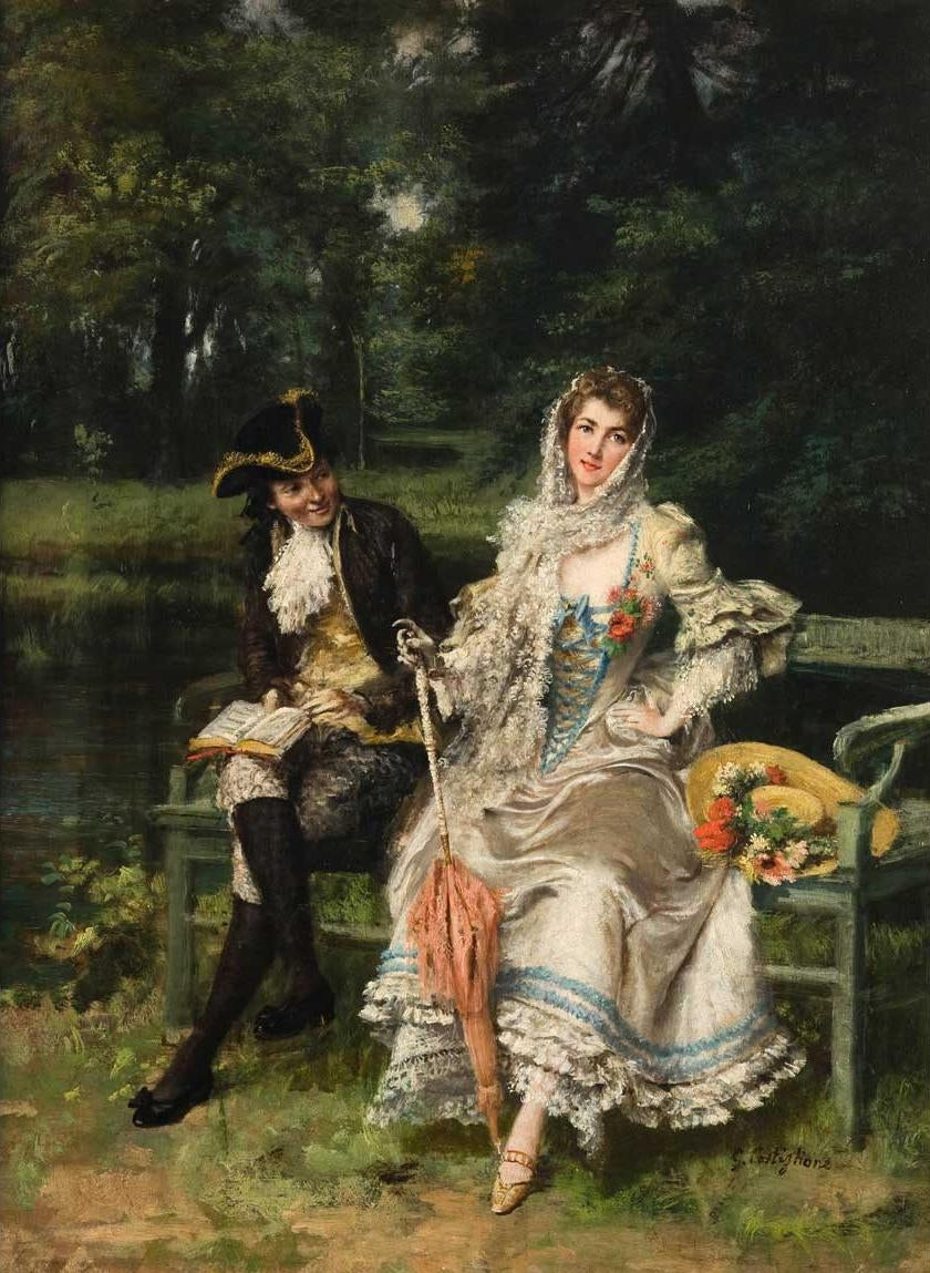 Couple on Park Bench, vintage artwork by Giuseppe Castiglione, 12x8" (A4) Poster