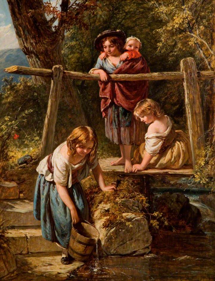 Children at a Stream, vintage artwork by Henry Le Jeune, A3 (16x12") Poster Print