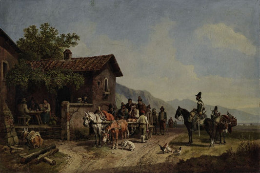 Raiders-Transport Before a Osteria, vintage artwork by Heinrich Bürkel, A3 (16x12") Poster Print