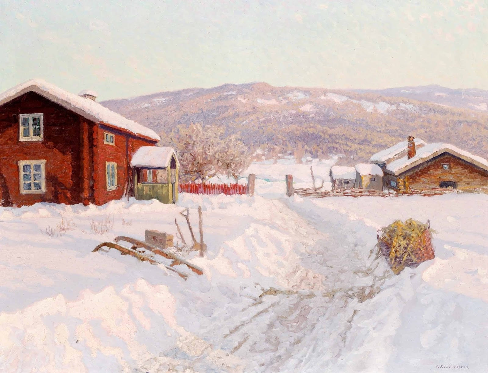 Sunny Winter Day, vintage artwork by Anshelm Schultzberg, 12x8" (A4) Poster