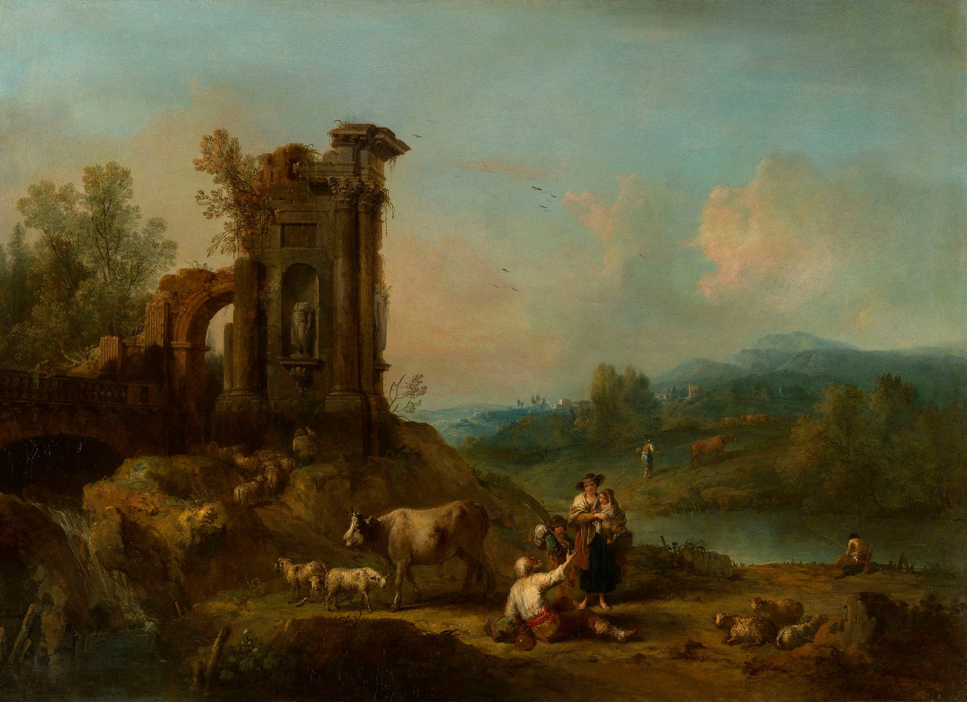Landscape with Classical Ruins, Cattle and Figures, vintage artwork by Francesco Zuccarelli, 12x8" (A4) Poster