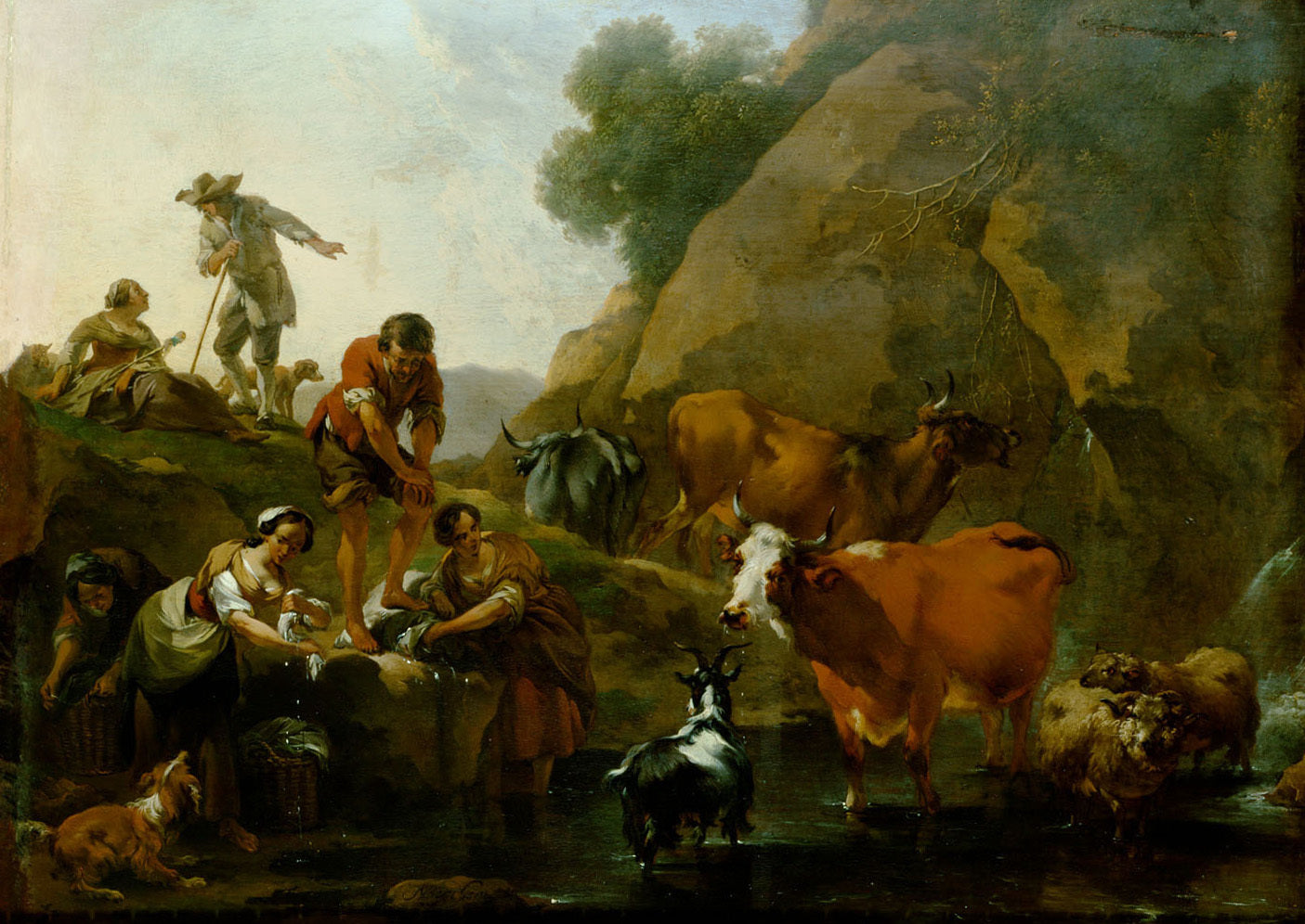 Herd of Cattle with Women Washing, vintage artwork by Nicolaes Berchem, 12x8" (A4) Poster