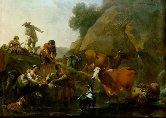 Herd of Cattle with Women Washing, vintage artwork by Nicolaes Berchem, 12x8" (A4) Poster