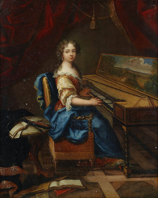 Portrait of a Lady with Spinet, vintage artwork by Constantin Netscher, 12x8" (A4) Poster