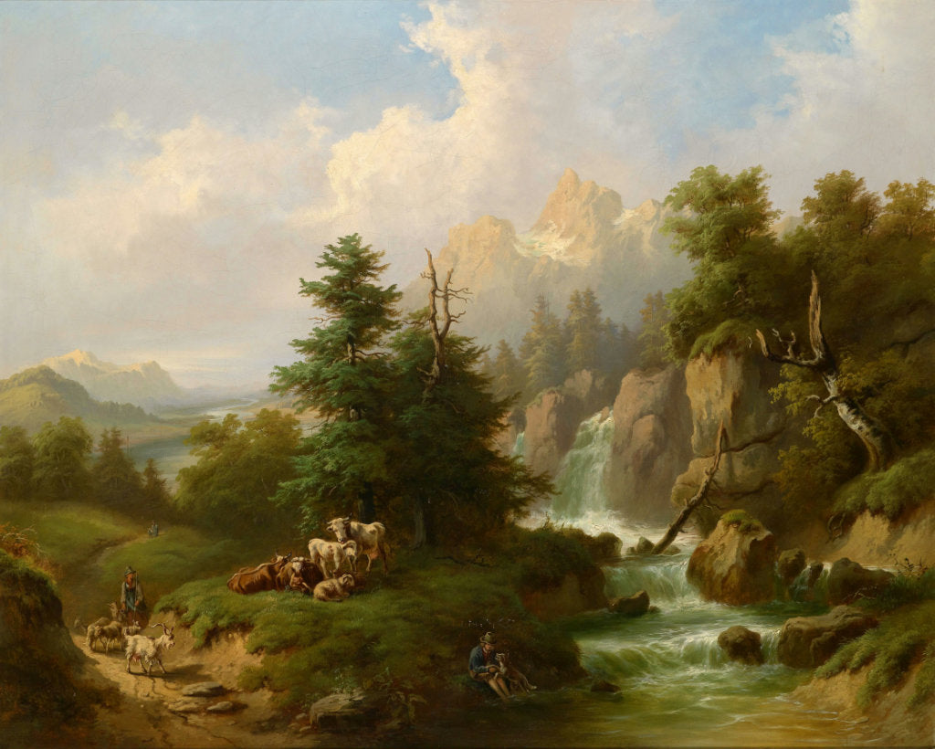 Herdsmen Resting in an Open Mountain Landscape, vintage artwork by Karl Schweninger Sr., A3 (16x12") Poster Print