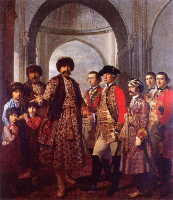 Suja-ud-daulah, Nawab of Awadh, with Four Sons, General Barker and Military Officers, vintage artwork by Tilly Kettle, 12x8