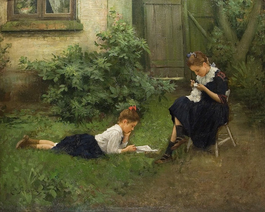 Leisure hours of two girls in the a garden by Hermann Seeger,A3(16x12")Poster