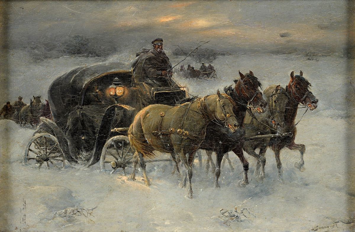 Travelling in Winter, vintage artwork by Jan Konarski, 12x8" (A4) Poster