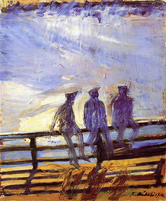 Boys at the Shore Fence, vintage artwork by Juho Mäkelä, 12x8" (A4) Poster
