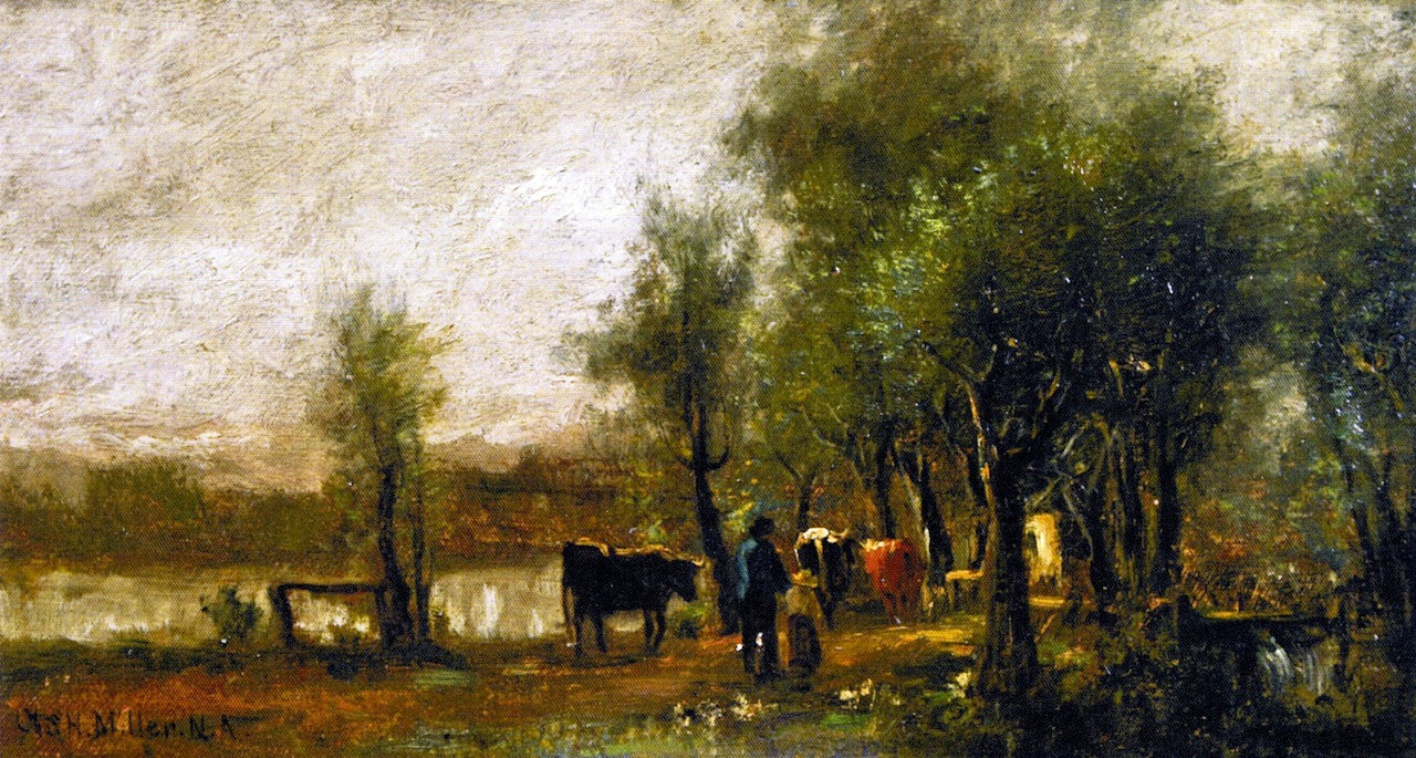 Walking Cattle by  a Pond, vintage artwork by Charles Henry Miller, 12x8" (A4) Poster