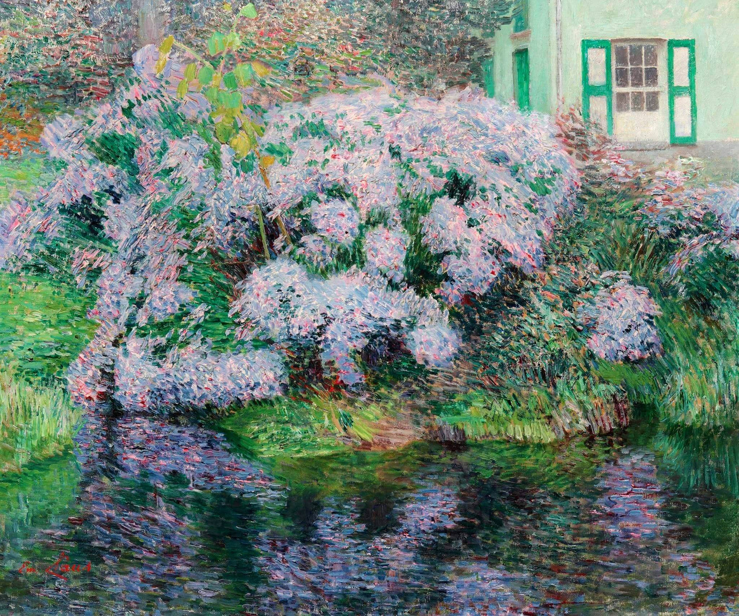 Hydrangeas on the banks of the riverLys, vintage artwork by Emile Claus, 12x8" (A4) Poster