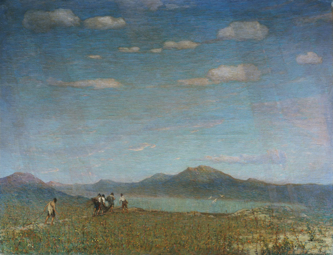 Landscape with River and Fishermen, vintage artwork by Viktor Ivanovich Zarubin, 12x8" (A4) Poster