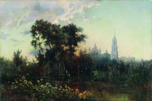 Landscape with Belfry, vintage artwork by Lev Kamenev, 12x8" (A4) Poster