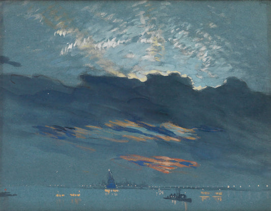 New York Harbor at Dusk with Statue of Liberty, vintage artwork by Joseph Pennell, 12x8" (A4) Poster