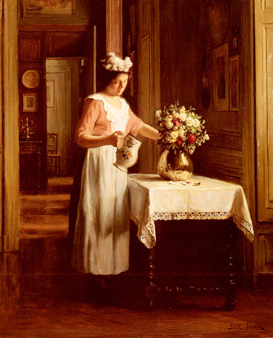 A Maid Watering Flowers by Franck Antoine Bail,A3(16x12")Poster