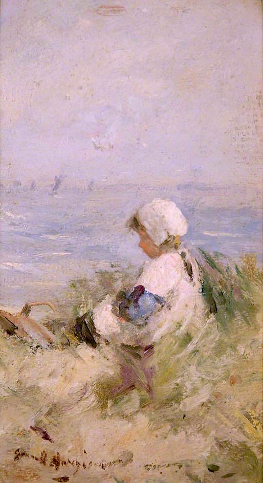 Coast Scene with Girl, vintage artwork by Robert Gemmell Hutchison R.S.A. R.S.W., 12x8" (A4) Poster