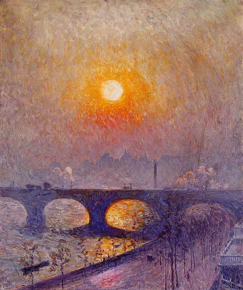 Sunset over Waterloo Bridge, vintage artwork by Emile Claus, 12x8" (A4) Poster