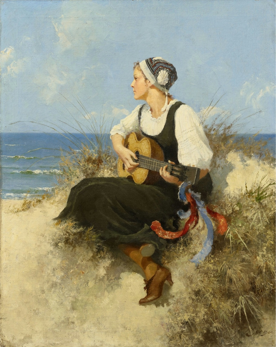 Young Girl with Guitar on the Beach by Hermann Seeger,A3(16x12")Poster