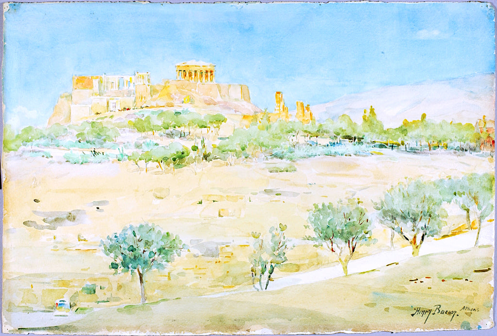 General View of the Acropolis at Sunset, vintage artwork by Henry Bacon, 12x8" (A4) Poster