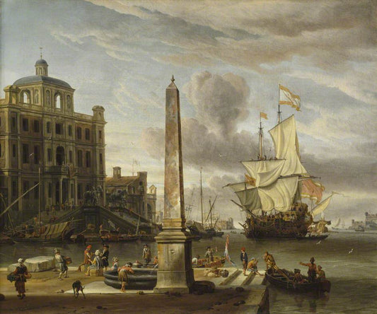 Italianate Harbour View with a Fantasy Building and Man o' War, vintage artwork by Abraham Jansz. Storck, 12x8" (A4) Poster