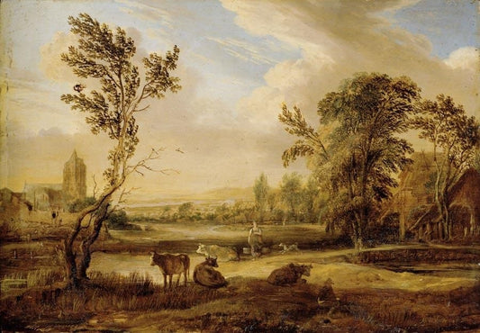 A Landscape with a Miklmaid and Cows, A Church Beyond, vintage artwork by Aert van der Neer, 12x8" (A4) Poster