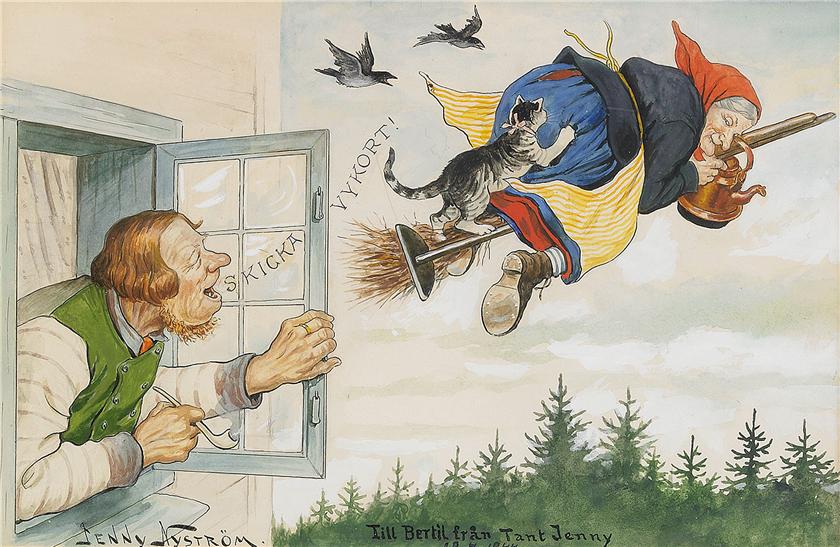 Flying Witch with Cat, vintage artwork by Jenny Nyström, 12x8" (A4) Poster