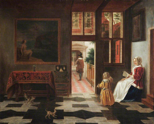 Interior with a woman reading and and a child with a hoop, vintage artwork by Pieter de Hooch, 12x8" (A4) Poster
