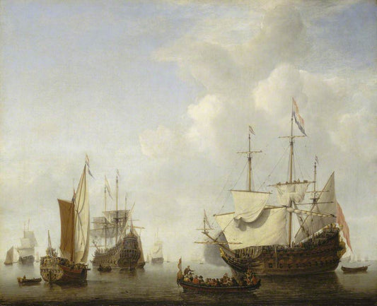 A Dutch Flagship Coming to Anchor with a States Yacht before a Light Air, vintage artwork by Willem van de Velde the Younger, 12x8" (A4) Poster