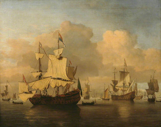 Dutch Men 'O War in a Calm Sea with Numerous Other Ships, vintage artwork by Willem van de Velde the Younger, 12x8" (A4) Poster