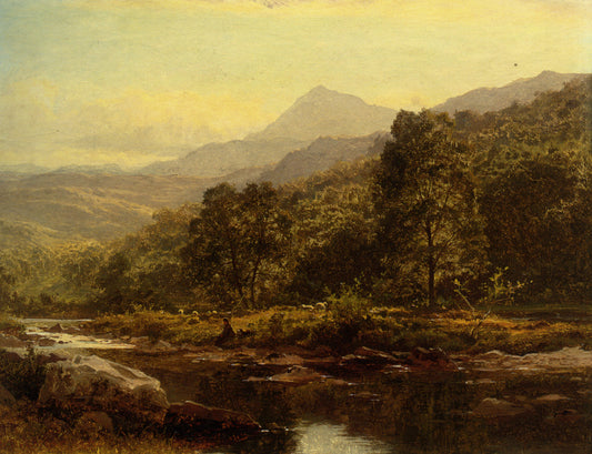 An Island on the Llugwy, Capel Curig, with an Angler, vintage artwork by Benjamin Williams Leader, 12x8" (A4) Poster