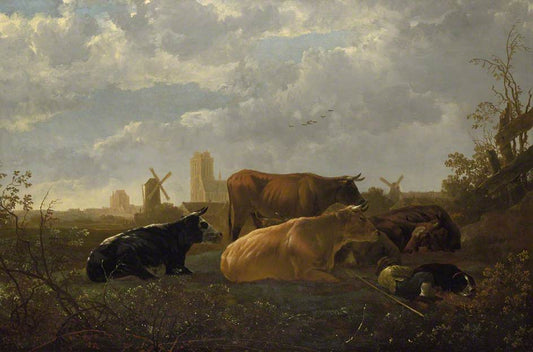 A Distant View of Dordrecht with a Sleeping Herdsman and Five Cows, vintage artwork by Aelbert Cuyp, 12x8" (A4) Poster