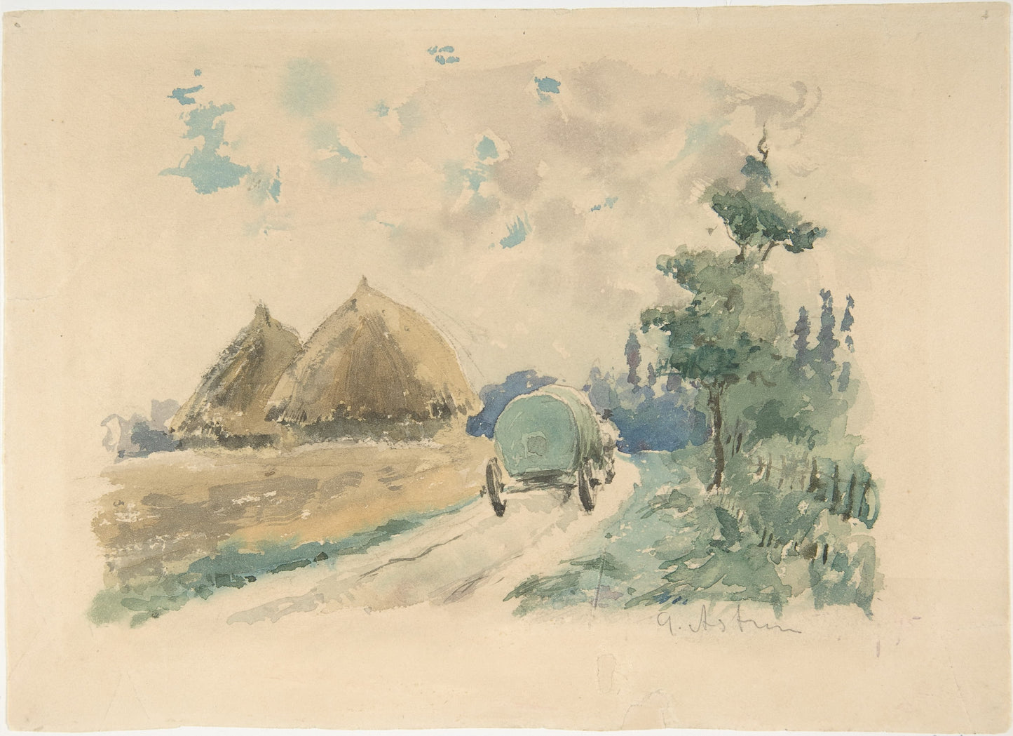 Landscape with Wagon and Haystacks, vintage artwork by Zacharie Astruc, 12x8" (A4) Poster