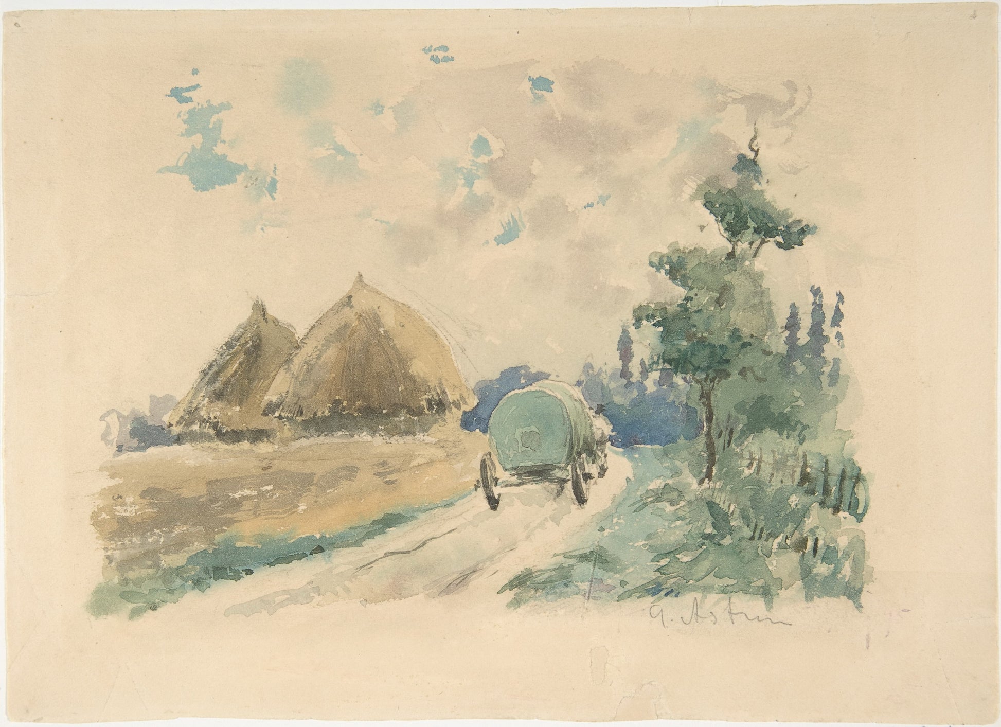 Landscape with Wagon and Haystacks, vintage artwork by Zacharie Astruc, 12x8" (A4) Poster