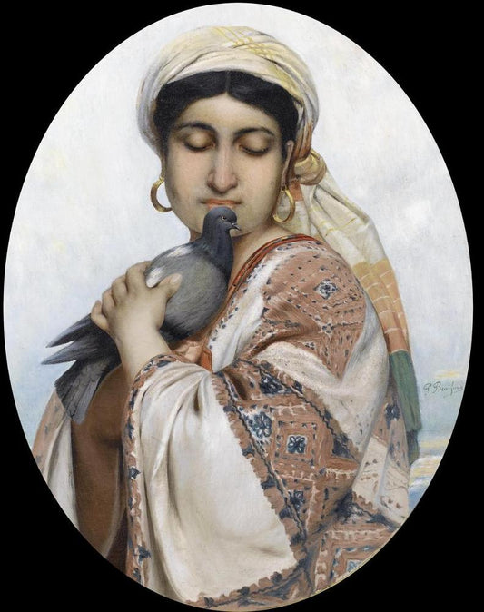 Oriental Girl with a Dove, vintage artwork by Polydore Beaufaux, 12x8" (A4) Poster