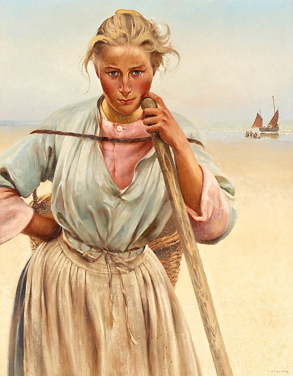 French Fisher Girl, vintage artwork by August Wilhelm Nikolaus Hagborg, 12x8" (A4) Poster