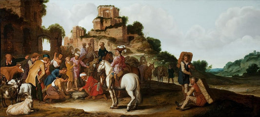 The Sale of Joseph, vintage artwork by Lambert Jacobsz, 12x8" (A4) Poster
