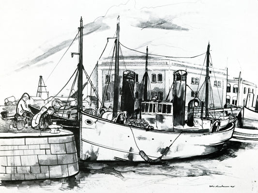 Anglers in the Harbor, vintage artwork by Felix Nussbaum, 12x8" (A4) Poster