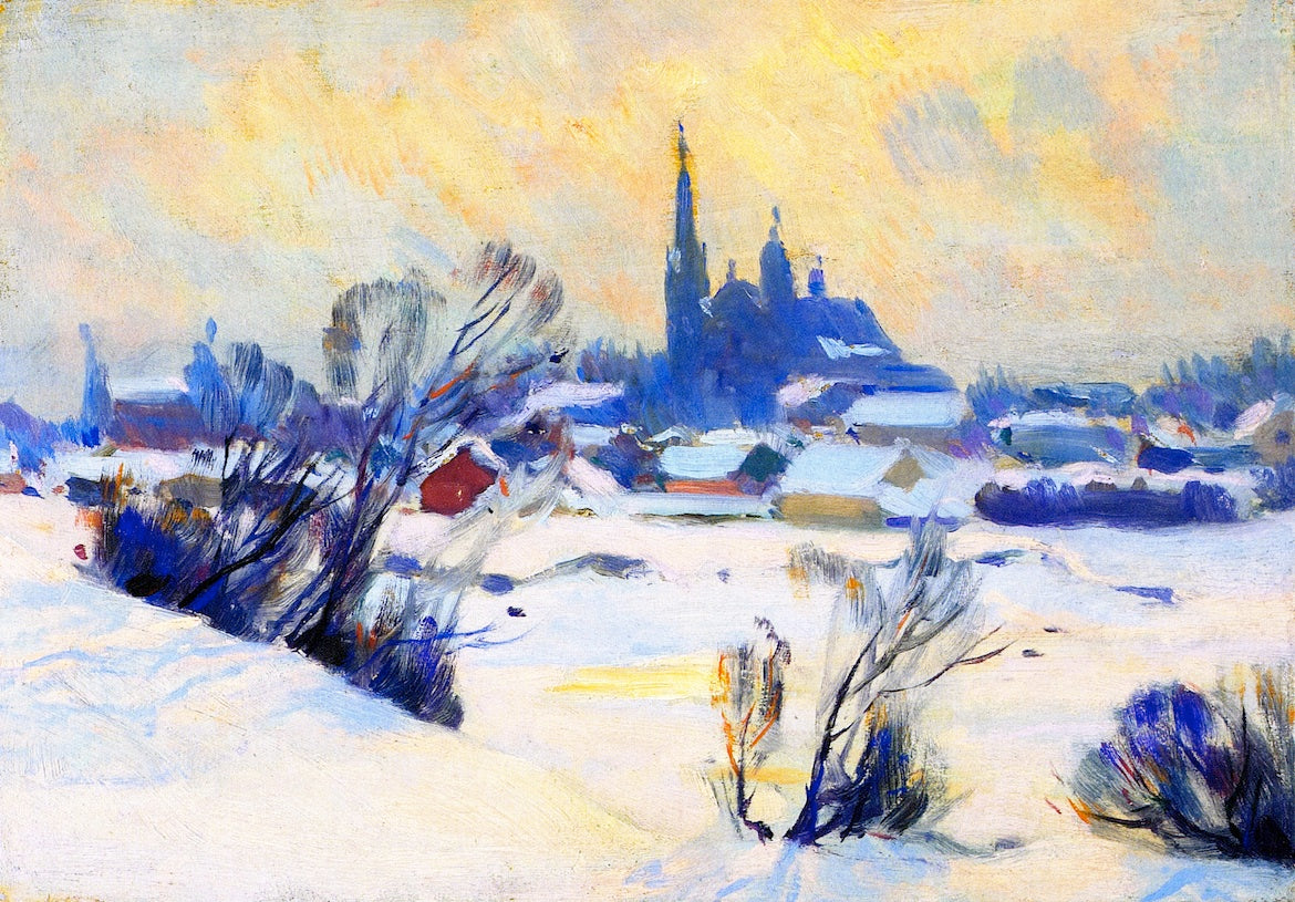 Misty Day in Winter, Baie-Saint-Paul, vintage artwork by Clarence Gagnon, 12x8" (A4) Poster