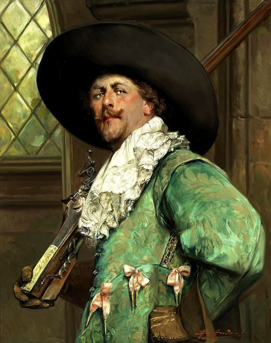 A Portrait of a Cavalier Holding a Musket, vintage artwork by Alex de Andreis, 12x8" (A4) Poster
