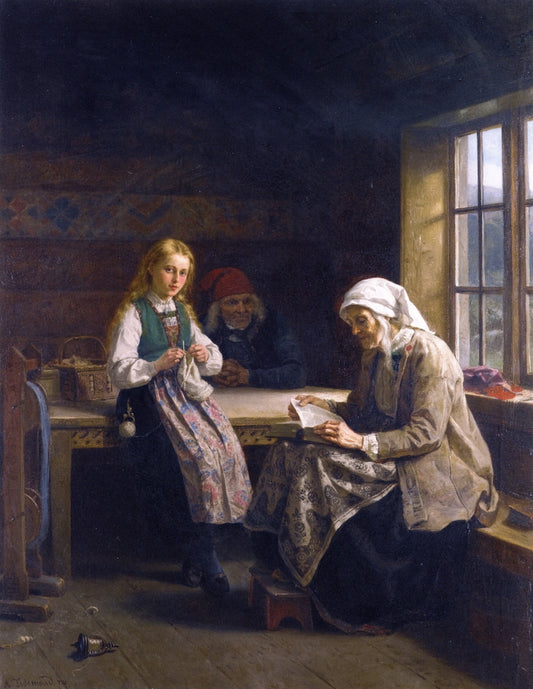 A Hardanger Interior, Young Girl Knitting, vintage artwork by Adolph Tidemand, A3 (16x12") Poster Print