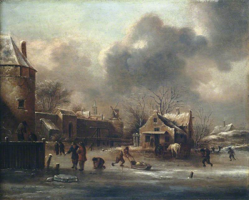 Skating Scene: Figures on the Ice near the Walls of a Town, vintage artwork by Klaes Molenaer, 12x8" (A4) Poster
