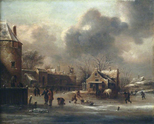Skating Scene: Figures on the Ice near the Walls of a Town, vintage artwork by Klaes Molenaer, 12x8" (A4) Poster
