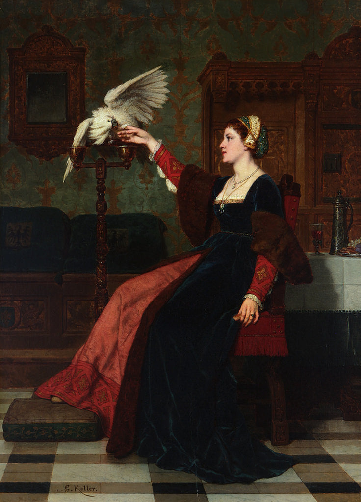 Interior with a noblewoman and her bird, vintage artwork by Wilhelm Koller, 12x8" (A4) Poster