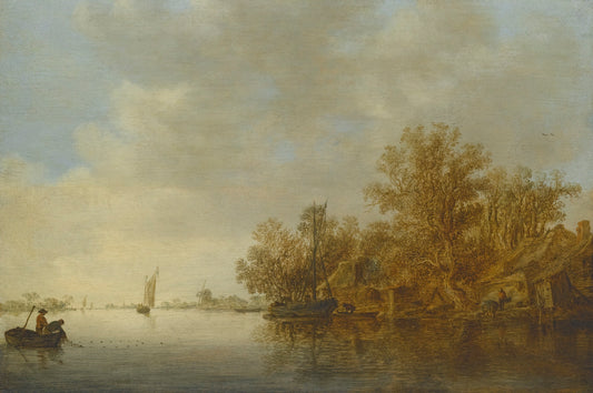 A River Landscape with Two Fishermen in a Boat, vintage artwork by Jan van Goyen, 12x8" (A4) Poster