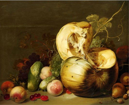 A Still Life with a Pumpkin, peachs, grapes, cherries and other fruits, vintage artwork by Hans Bollongier, 12x8" (A4) Poster
