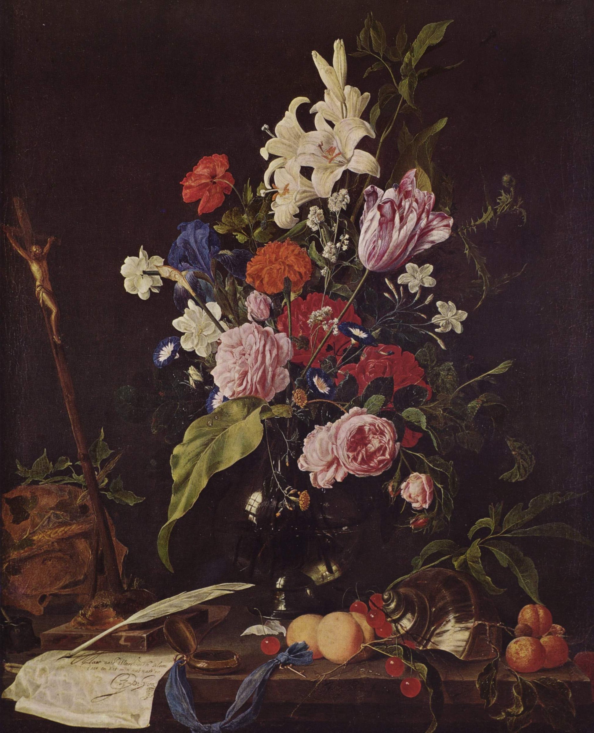 Flower Still-life with Crucifix and Skull, vintage artwork by Jan Davidsz. de Heem, 12x8" (A4) Poster