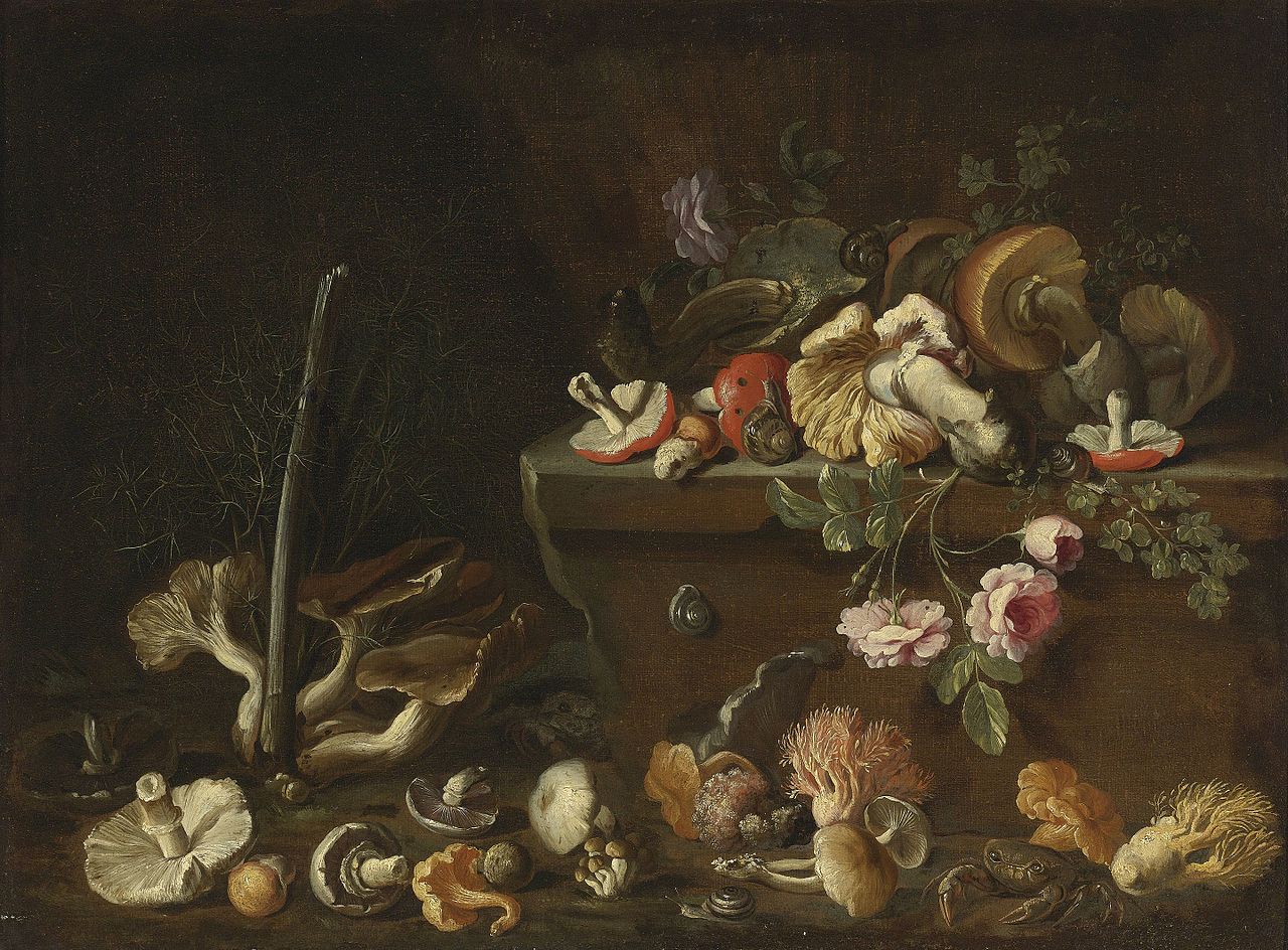 Still Life with Mushrooms and Flowers, vintage artwork by Simon del Tintore, 12x8" (A4) Poster