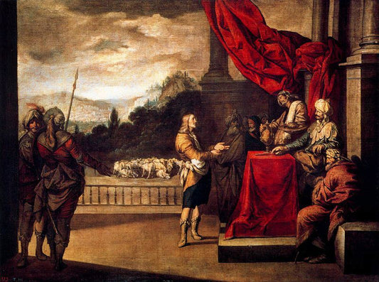 Joseph explaining the dream to Pharaoh, vintage artwork by Antonio del Castillo y Saavedra, 12x8" (A4) Poster