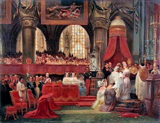 The Baptism of Prince Louis Philippe at the Cathedral of St. Michael and St. Gudula, Brussels,, vintage artwork by Philippe-Jacques van Bree, 12x8" (A4) Poster
